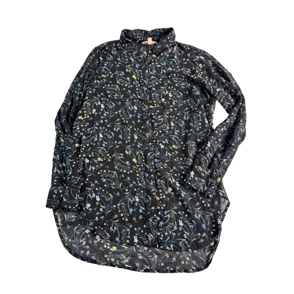 Philosophy Floral Button Front Blouse Small Hidden Placket Long Sleeve Black